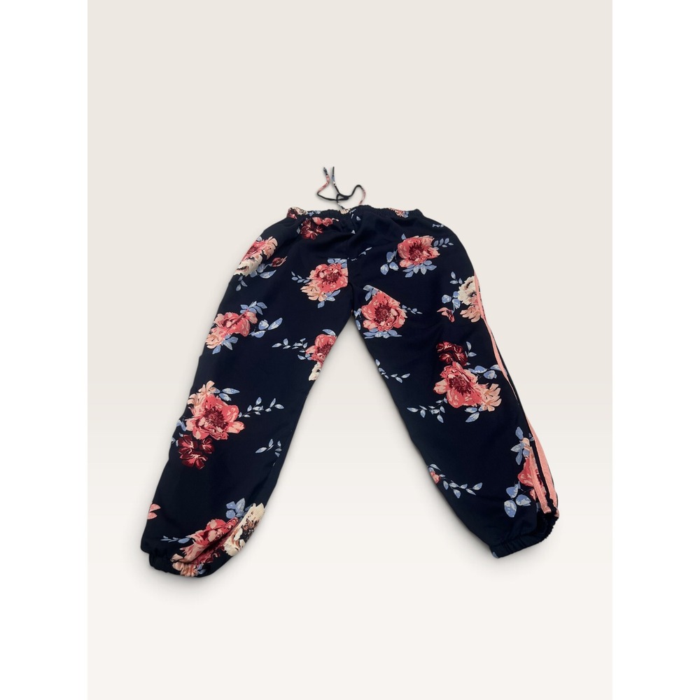 About a Girl Womens XL Floral Jogger Pants Navy Pink Striped Boho Casual